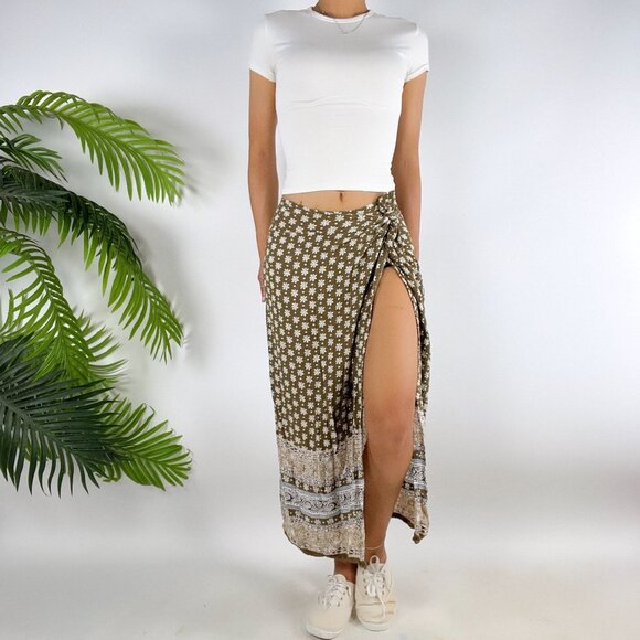 Vintage 90s Express Brown Floral Boho Beachy Cottage Wrap Maxi Skirt / Small - Picture 5 of 7